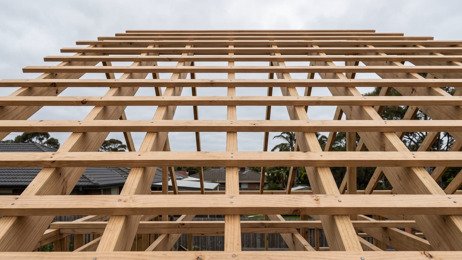 Timber roof battens fixed in even courses over roof framing Roof battens spacing: timber battens fixed in even courses across roof framing before the tiles go on
