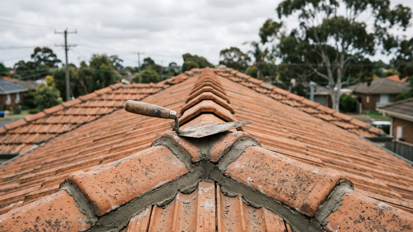Roof pointing mortar line on a terracotta ridge cap Roof pointing: the mortar line where a ridge cap meets the field tiles, with a pointing trowel resting alongside